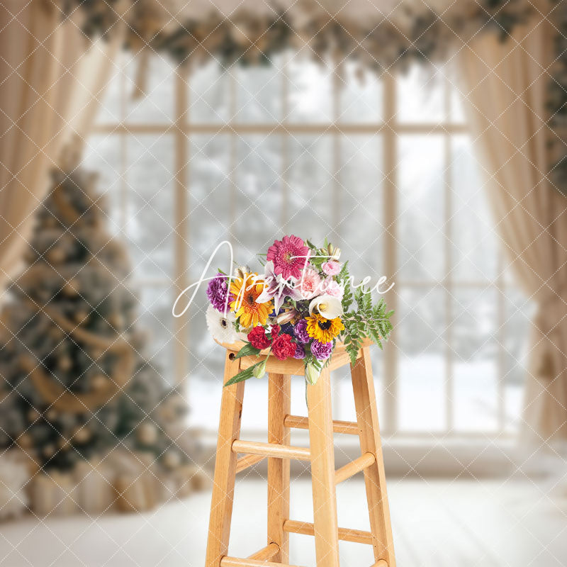 Aperturee - Aperturee Beige Curtain Xmas Tree Window Scene Photo Backdrop