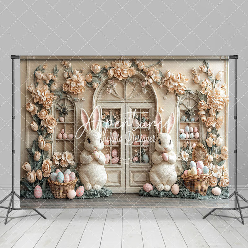 Aperturee - Aperturee Beige Floral Egg Boutique Bunny Easter Photo Backdrop