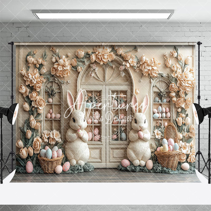 Aperturee - Aperturee Beige Floral Egg Boutique Bunny Easter Photo Backdrop