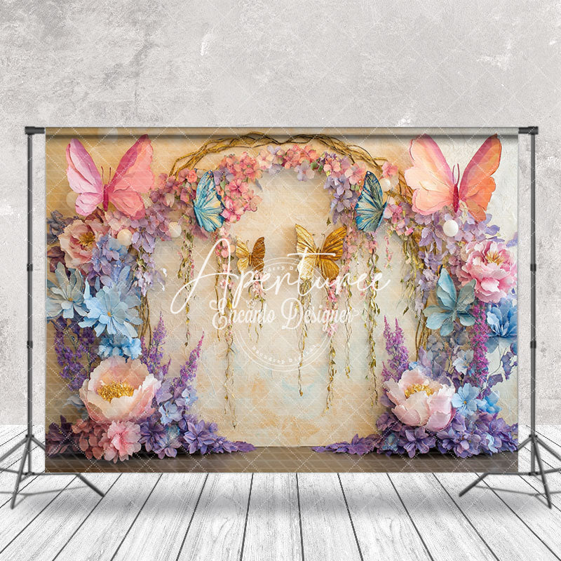 Aperturee - Aperturee Beige Retro Wall Floral Butterfly Photo Backdrop