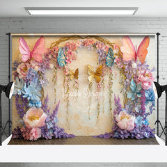 Aperturee - Aperturee Beige Retro Wall Floral Butterfly Photo Backdrop