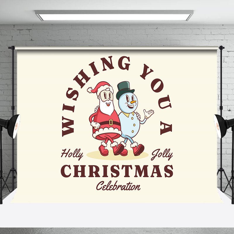 Aperturee - Aperturee Beige Snowman Santa Holly Jolly Christmas Backdrop