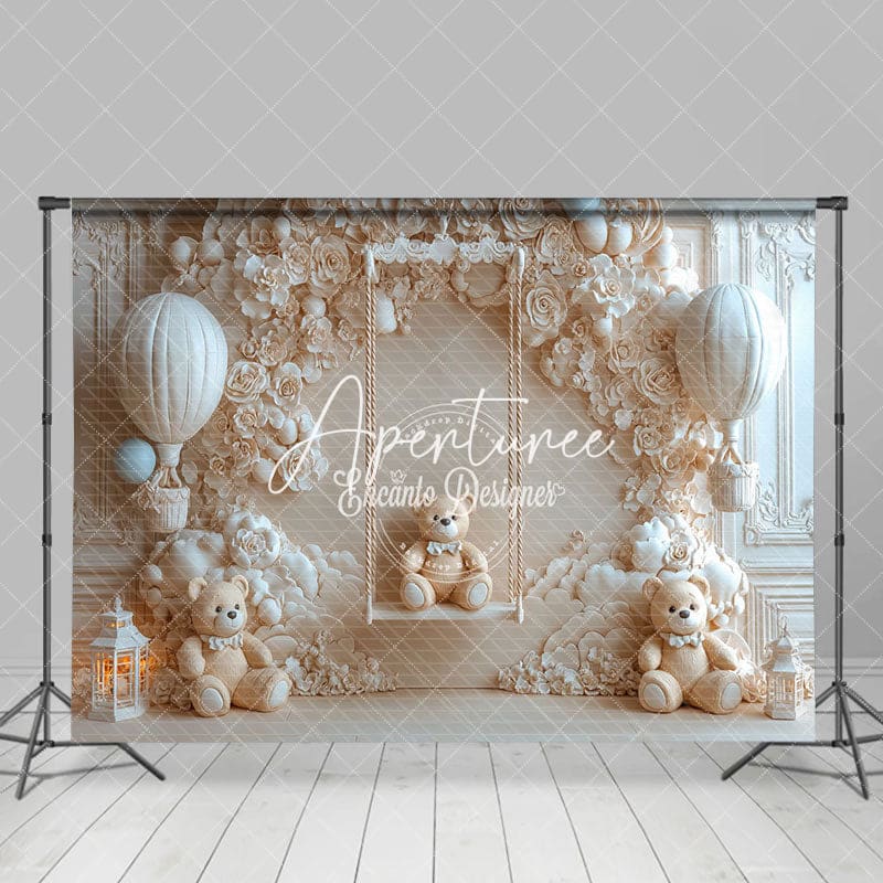 Aperturee - Aperturee Beige Wall Balloon Swing Bear Cake Smash Backdrop