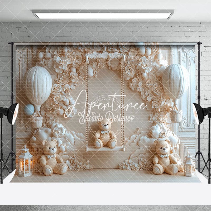 Aperturee - Aperturee Beige Wall Balloon Swing Bear Cake Smash Backdrop