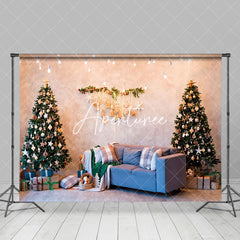 Aperturee - Aperturee Beige Wall Blue Sofa Xmas Tree Christmas Backdrop