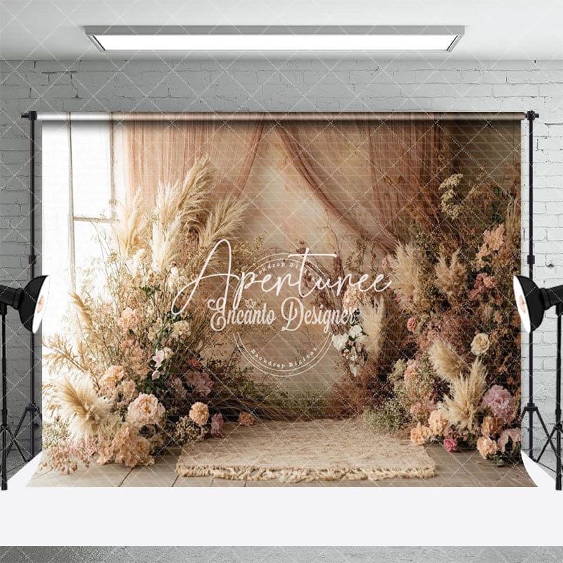 Aperturee - Aperturee Beige Wall Curtain Boho Color Floral Wedding Backdrop