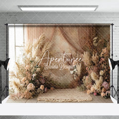 Aperturee - Aperturee Beige Wall Curtain Boho Color Floral Wedding Backdrop