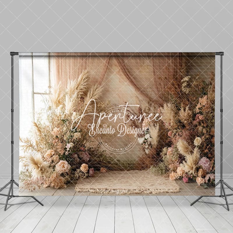 Aperturee - Aperturee Beige Wall Curtain Boho Color Floral Wedding Backdrop