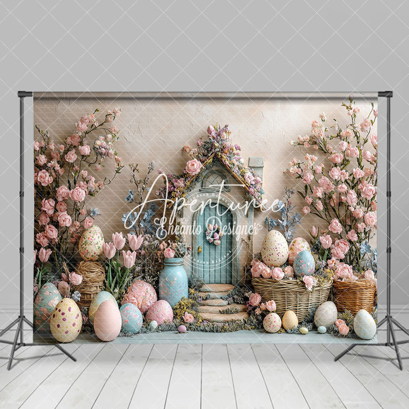 Aperturee - Aperturee Beige Wall Pink Floral Cabin Eggs Easter Backdrop