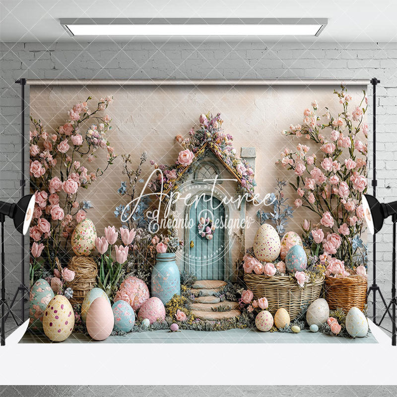 Aperturee - Aperturee Beige Wall Pink Floral Cabin Eggs Easter Backdrop