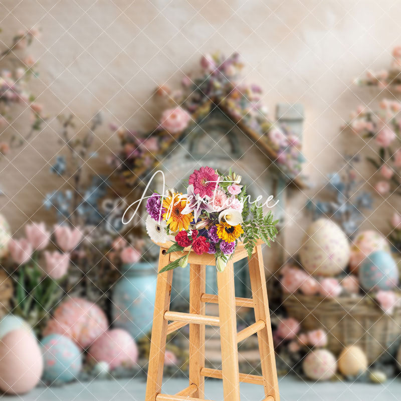 Aperturee - Aperturee Beige Wall Pink Floral Cabin Eggs Easter Backdrop