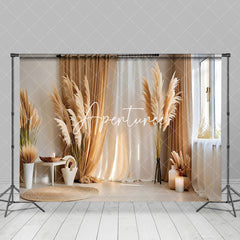 Aperturee - Aperturee Beige White Curtain Bedroom Boho Photography Backdrop