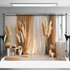 Aperturee - Aperturee Beige White Curtain Bedroom Boho Photography Backdrop