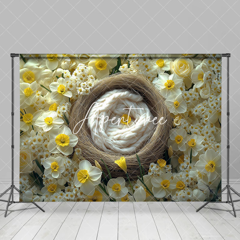 Aperturee - Aperturee Beige Yellow Floral Warm Nest Maternity Backdrop