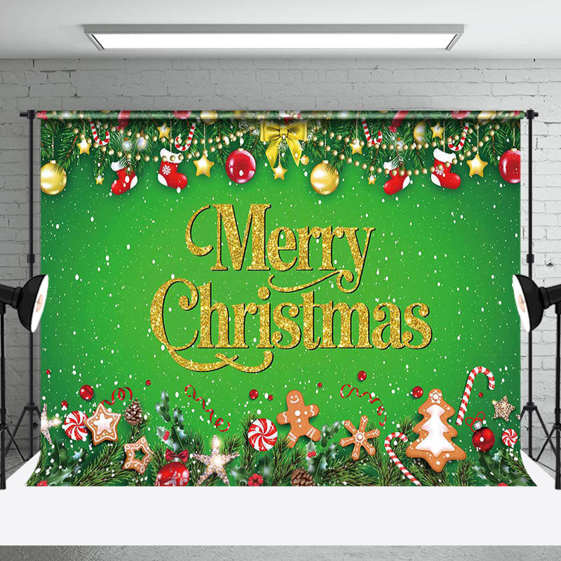 Aperturee - Aperturee Bell Snow Leaves Green Gold Merry Christmas Backdrop