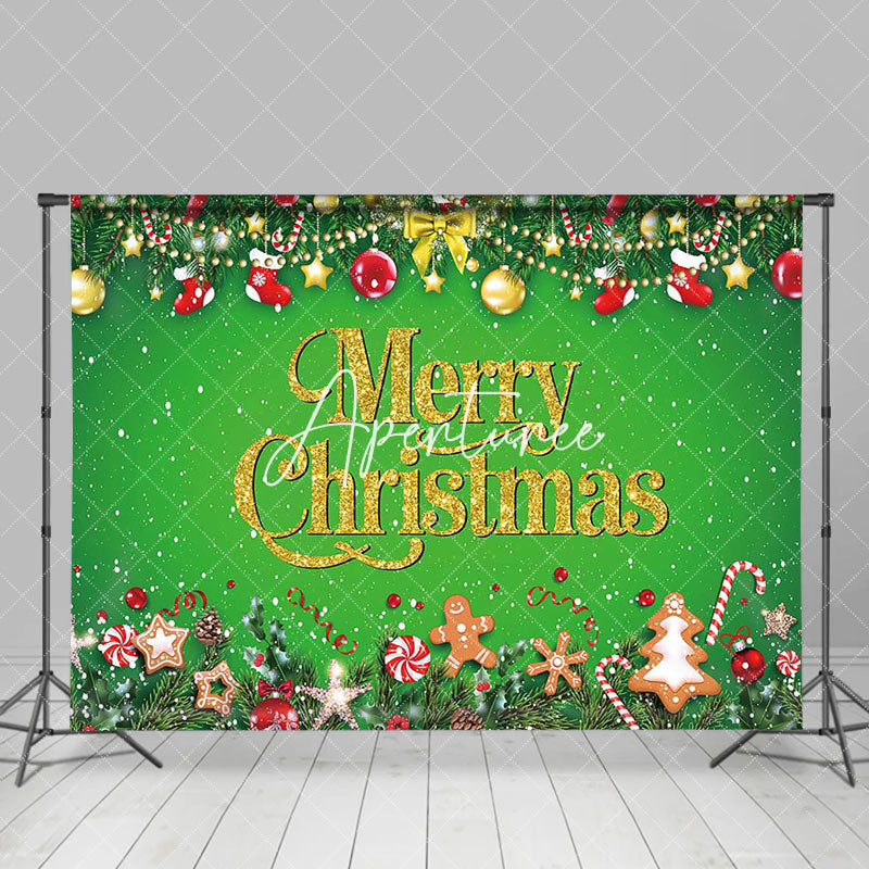 Aperturee - Aperturee Bell Snow Leaves Green Gold Merry Christmas Backdrop