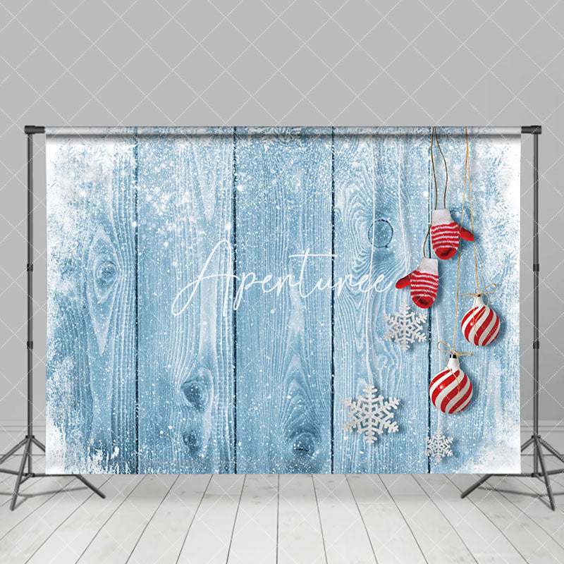 Aperturee - Aperturee Bells Snowy Retro Blue Wooden Christmas Backdrop