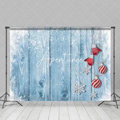 Aperturee - Aperturee Bells Snowy Retro Blue Wooden Christmas Backdrop