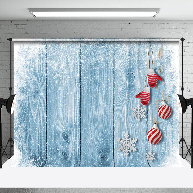 Aperturee - Aperturee Bells Snowy Retro Blue Wooden Christmas Backdrop