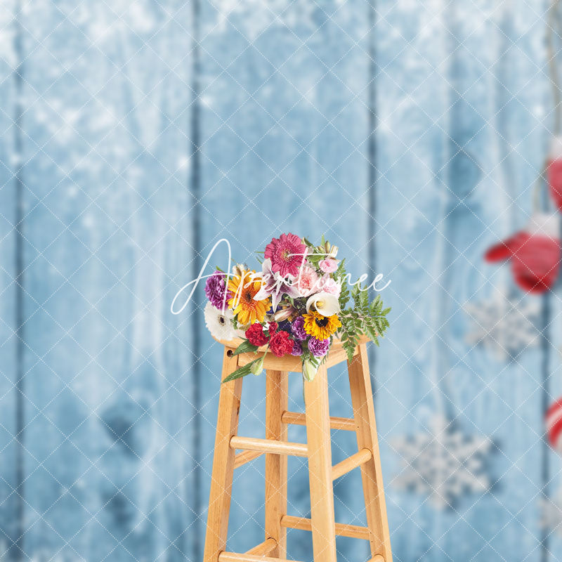 Aperturee - Aperturee Bells Snowy Retro Blue Wooden Christmas Backdrop