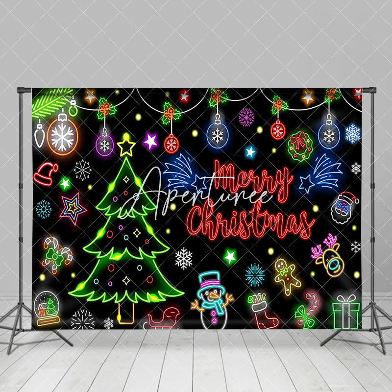 Aperturee - Aperturee Bells Trees Snowflake Neon Merry Christmas Backdrop