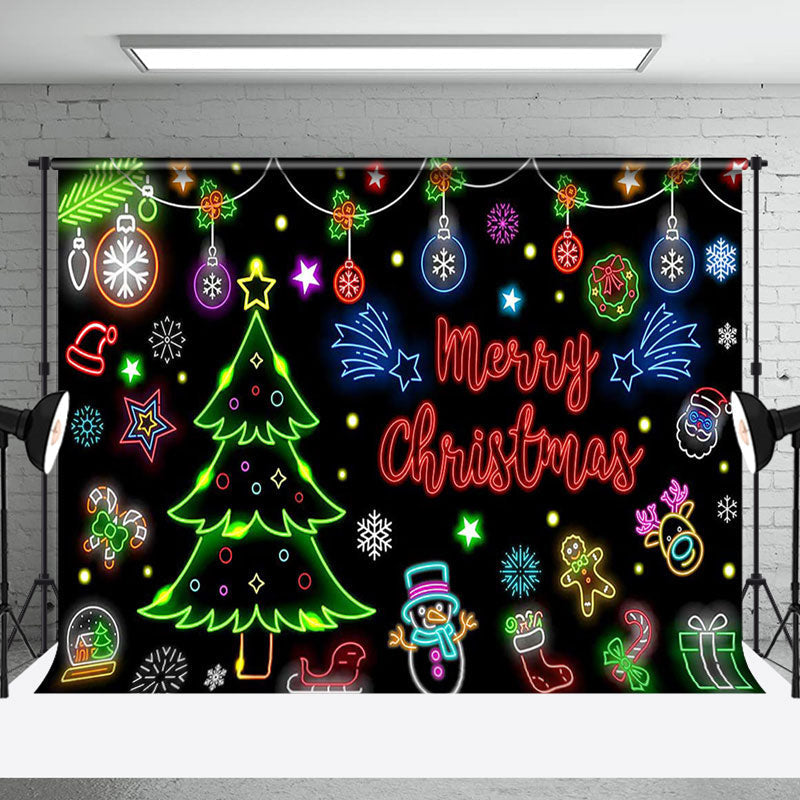 Aperturee - Aperturee Bells Trees Snowflake Neon Merry Christmas Backdrop