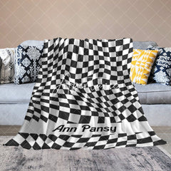 Aperturee - Aperturee Black And White Twisted Plaid Custom Name Blanket