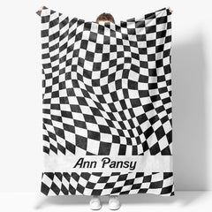 Aperturee - Aperturee Black And White Twisted Plaid Custom Name Blanket