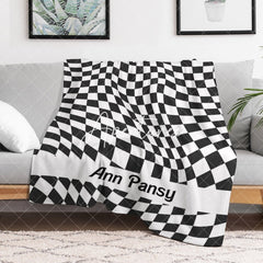 Aperturee - Aperturee Black And White Twisted Plaid Custom Name Blanket