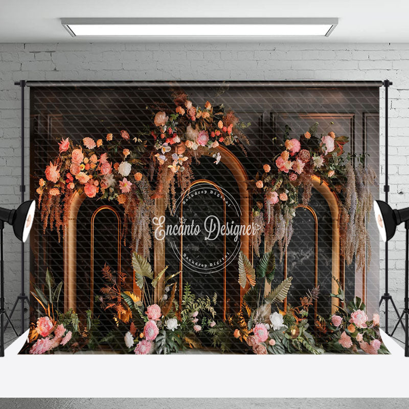 Aperturee - Aperturee Black Arch Boho Floral Leaves Wedding Photo Backdrop