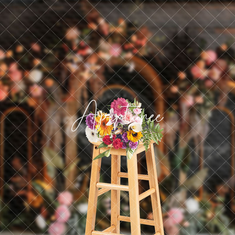 Aperturee - Aperturee Black Arch Boho Floral Leaves Wedding Photo Backdrop