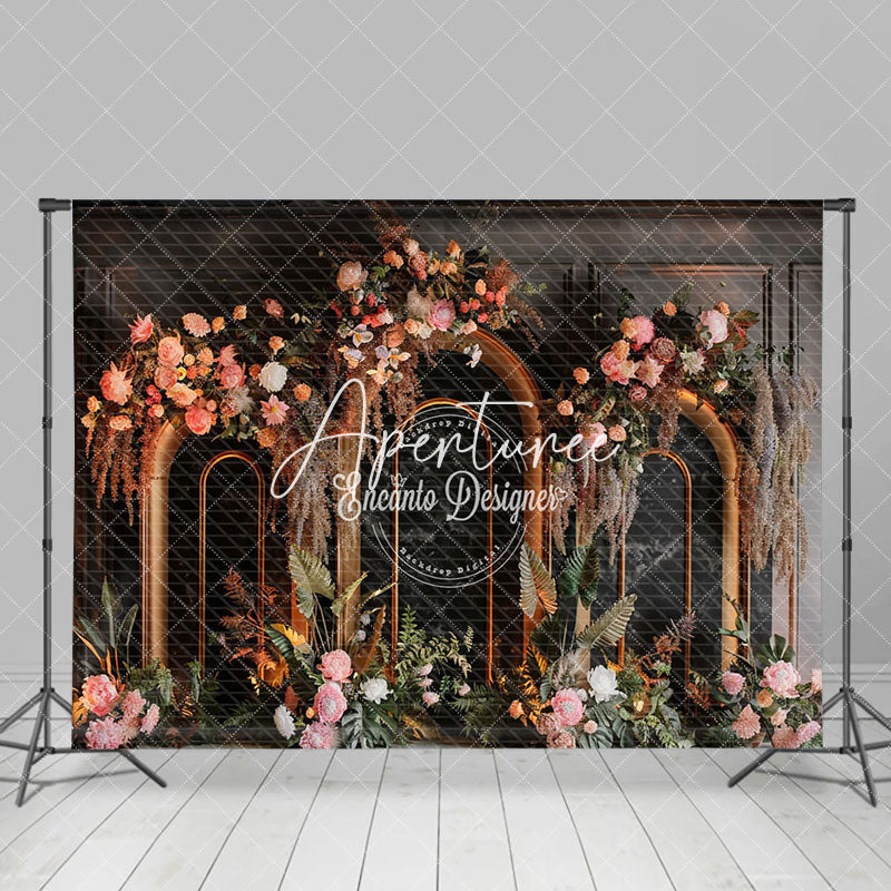 Aperturee - Aperturee Black Arch Boho Floral Leaves Wedding Photo Backdrop