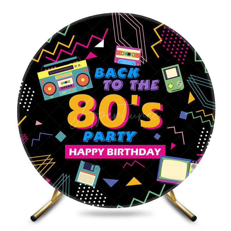 Aperturee - Aperturee Black Back To The 80s Round Birthday Party Backdrop