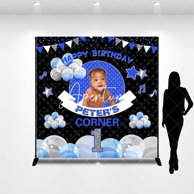 Aperturee - Aperturee Black Blue Balloons Corner Custom Birthday Backdrop