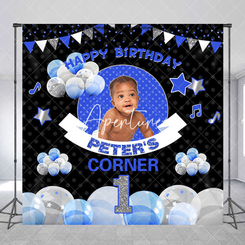 Aperturee - Aperturee Black Blue Balloons Corner Custom Birthday Backdrop