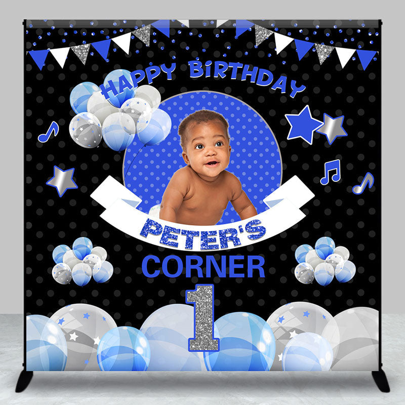 Aperturee - Aperturee Black Blue Balloons Corner Custom Birthday Backdrop