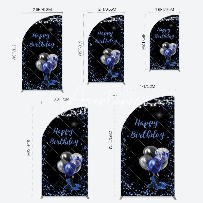 Aperturee - Aperturee Black Blue Glitter Balloons Birthday Half Moon Arch Backdrop