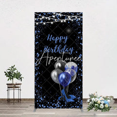 Aperturee - Aperturee Black Blue Glitter Balloons Birthday Rectangle Backdrop