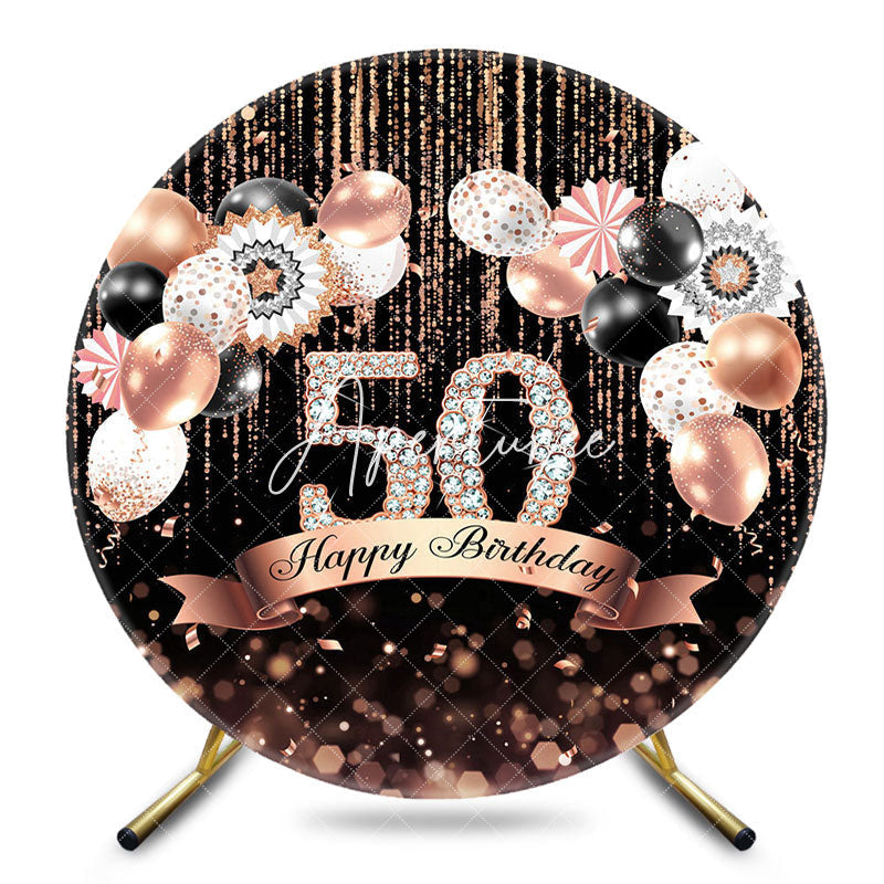 Aperturee - Aperturee Black Bokeh Balloons Round 50th Birthday Backdrop