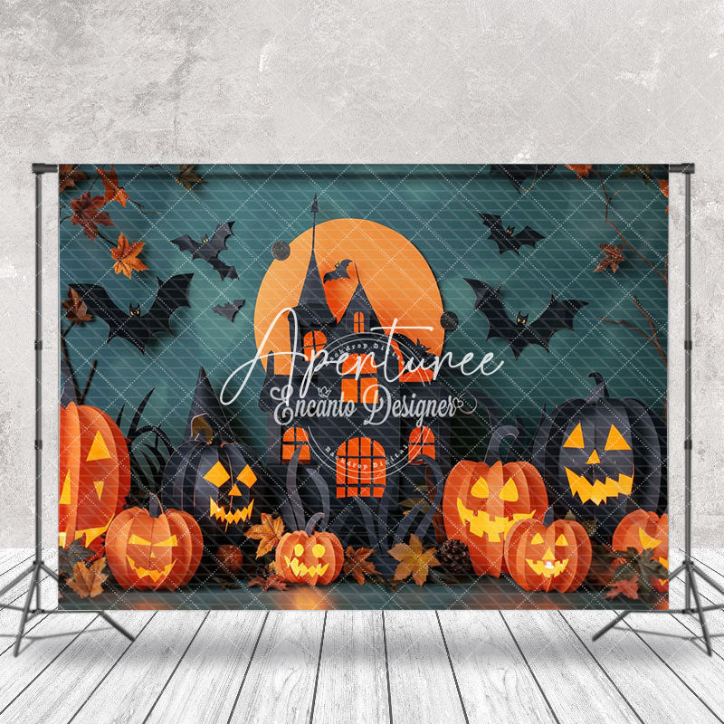 Aperturee - Aperturee Black Castle Moon Pumpkins Halloween Photo Backdrop