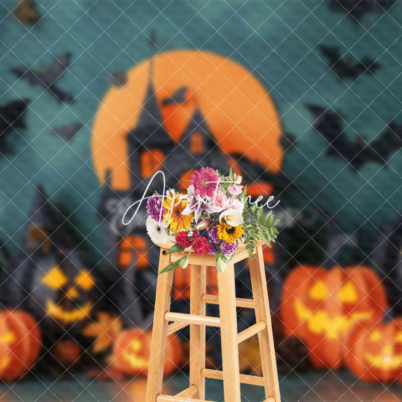 Aperturee - Aperturee Black Castle Moon Pumpkins Halloween Photo Backdrop