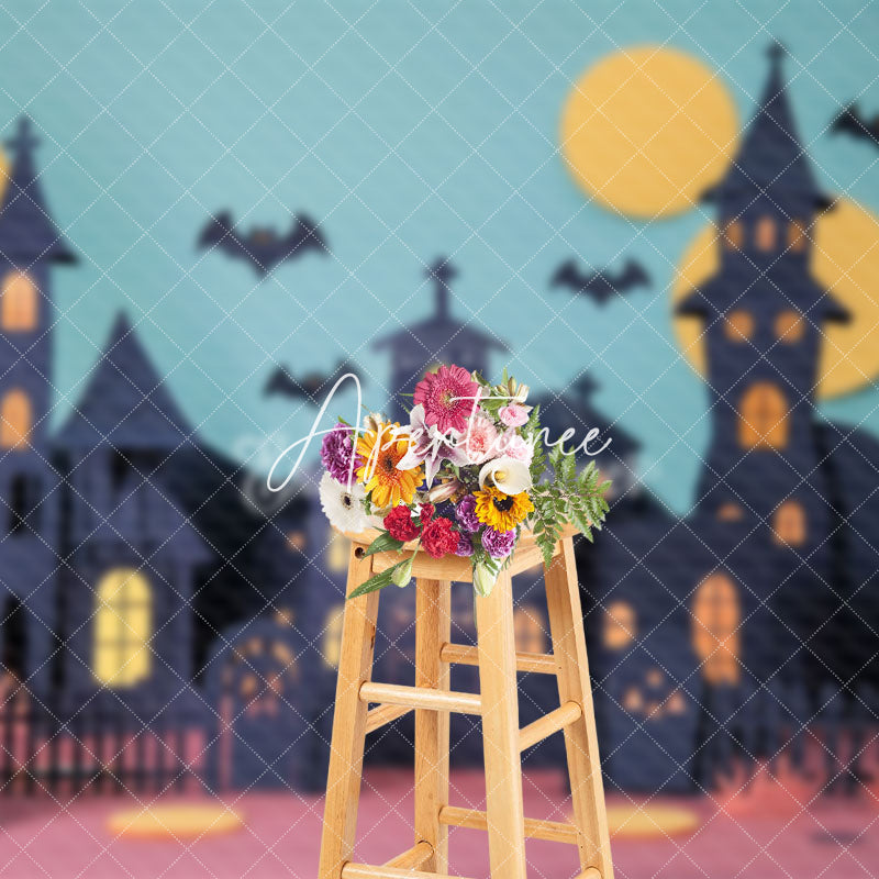 Aperturee - Aperturee Black Castle Moon Trees Bat Halloween Photo Backdrop