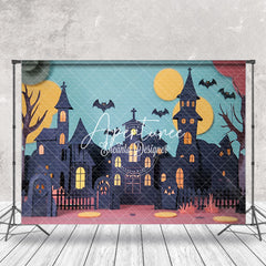 Aperturee - Aperturee Black Castle Moon Trees Bat Halloween Photo Backdrop