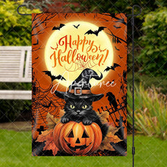 Aperturee - Aperturee Black Cat Pumpkins Moon Night Halloween Garden Flag