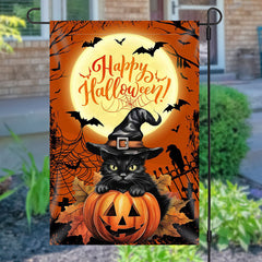 Aperturee - Aperturee Black Cat Pumpkins Moon Night Halloween Garden Flag