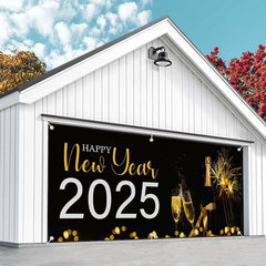 Aperturee - Aperturee Black Champagne Sparks Happy 2025 Garage Door Banner