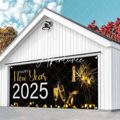 Aperturee - Aperturee Black Champagne Sparks Happy 2025 Garage Door Banner