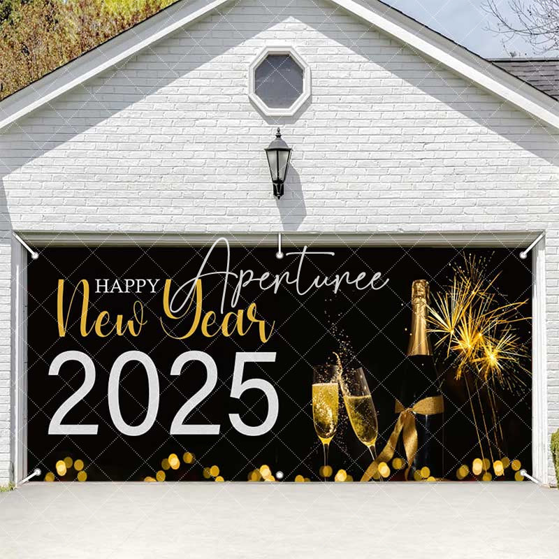 Aperturee - Aperturee Black Champagne Sparks Happy 2025 Garage Door Banner