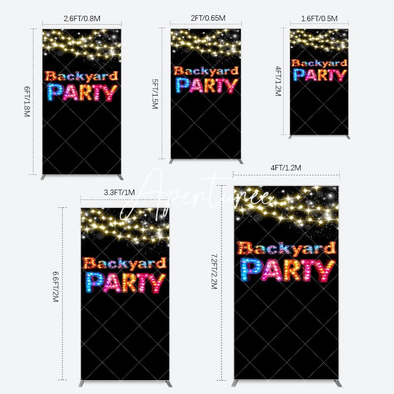 Aperturee - Aperturee Black Colorful Lighted Backyard Party Rectangle Backdrop