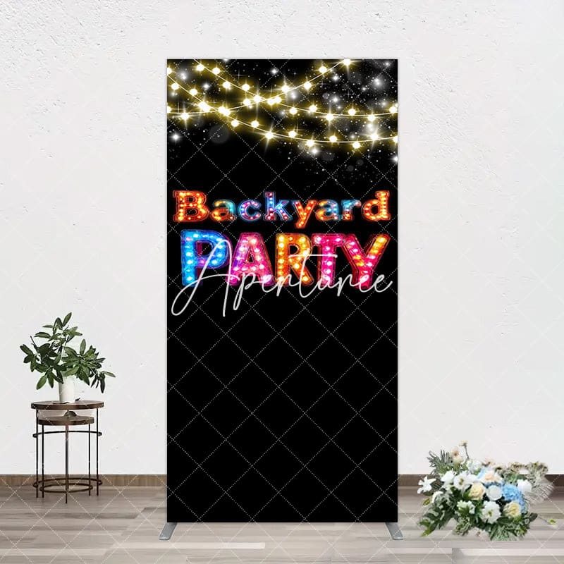 Aperturee - Aperturee Black Colorful Lighted Backyard Party Rectangle Backdrop